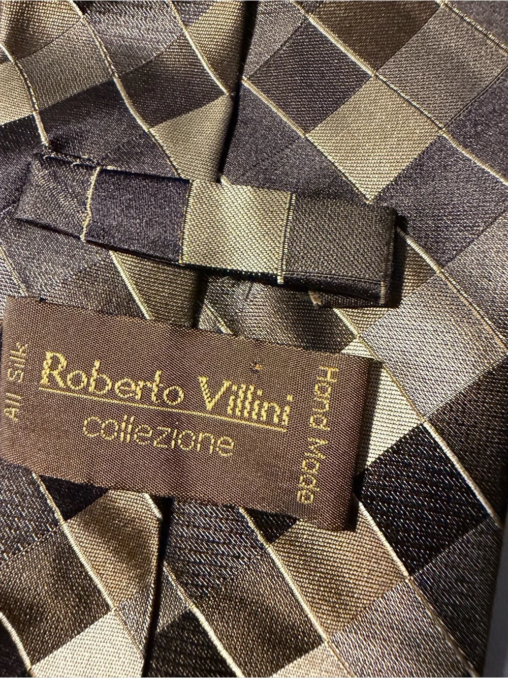 Roberto Villini hand made Checkerboard Pattern Men's Silk Tie in Black and Brown